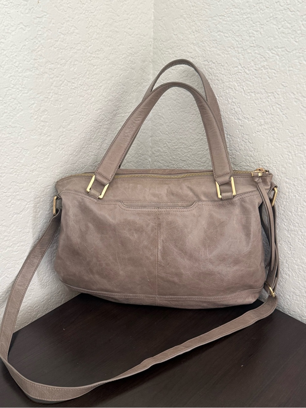 HOBO International Gray Leather Satchel Crossbody Shoulder Bag Floral Lining